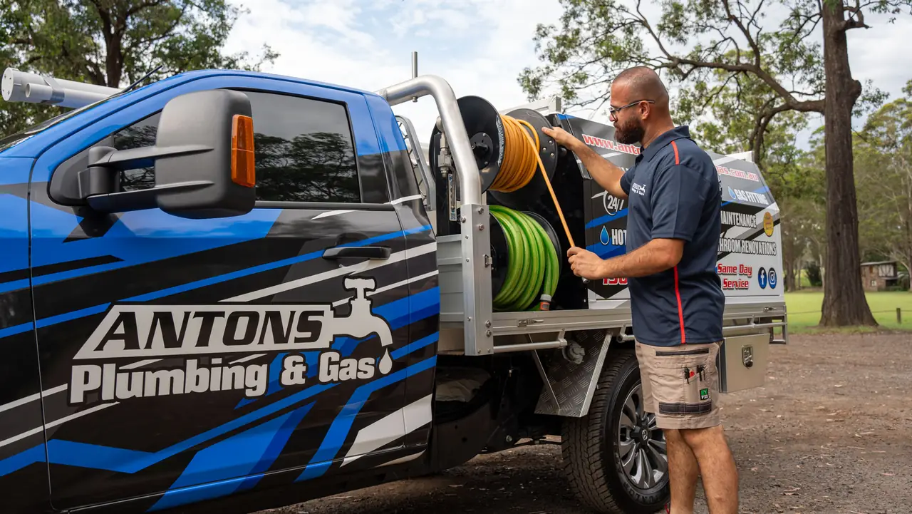 Antons plumber preparing drain equipment on a blue plumbing service vehicle