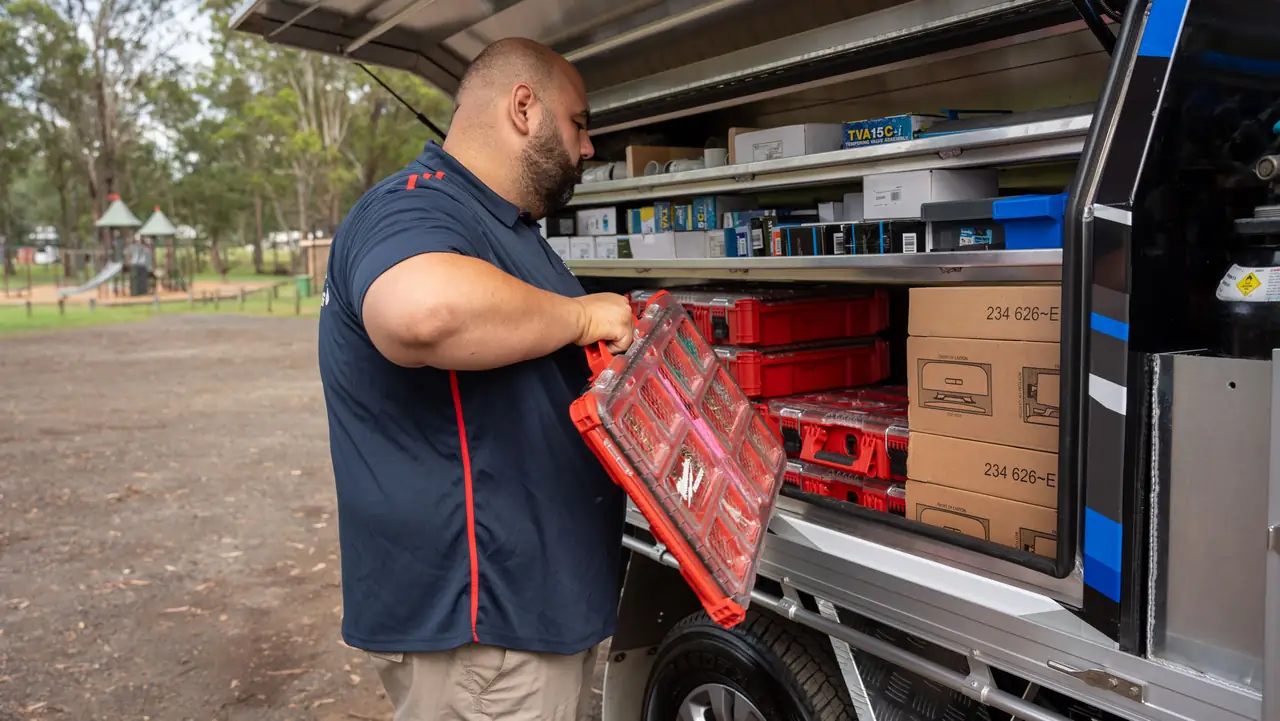 Antons plumber selecting tools from an organised service vehicle